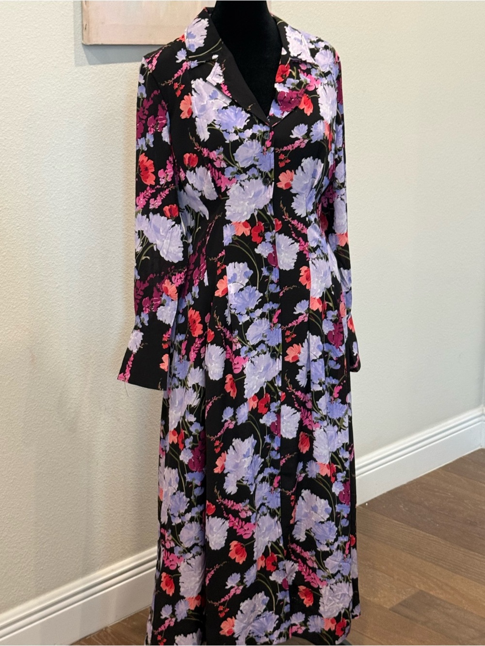 Ted Baker London Black Floral Long Sleeve Midi Dress with Pink & Red Blossoms